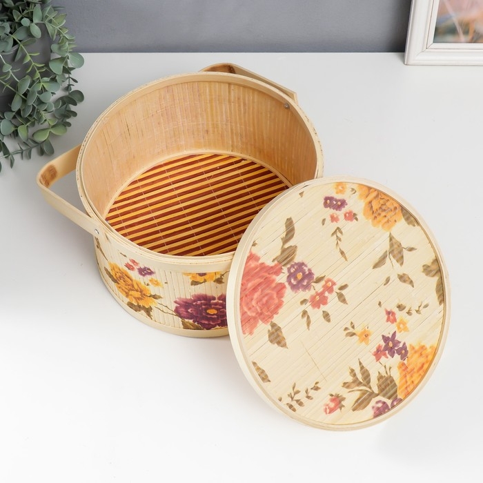 Шкатулка бамбук Шкатулка бамбук "Сад с пионами" круглая, с ручками 16х26х26 см