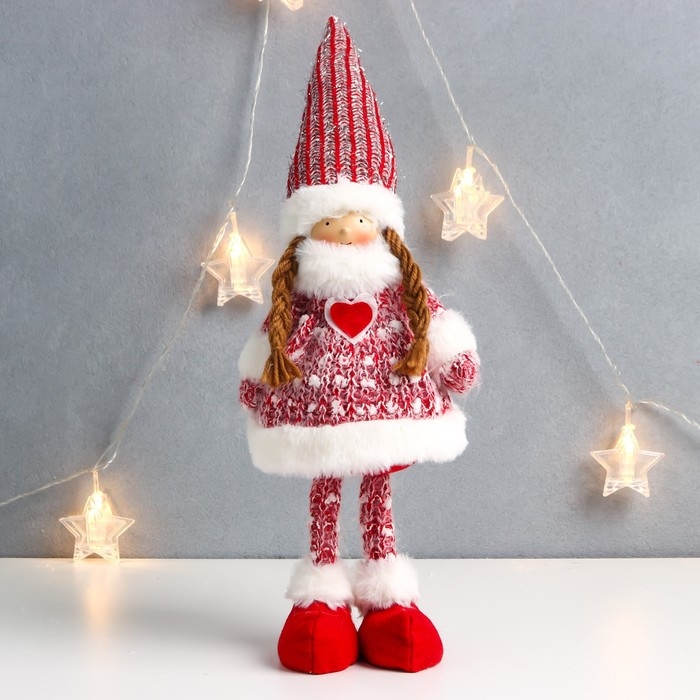 Кукла интерьерная Кукла интерьерная "Малышка Тося в красном вязаном платье с сердечком" 45х18х11 см