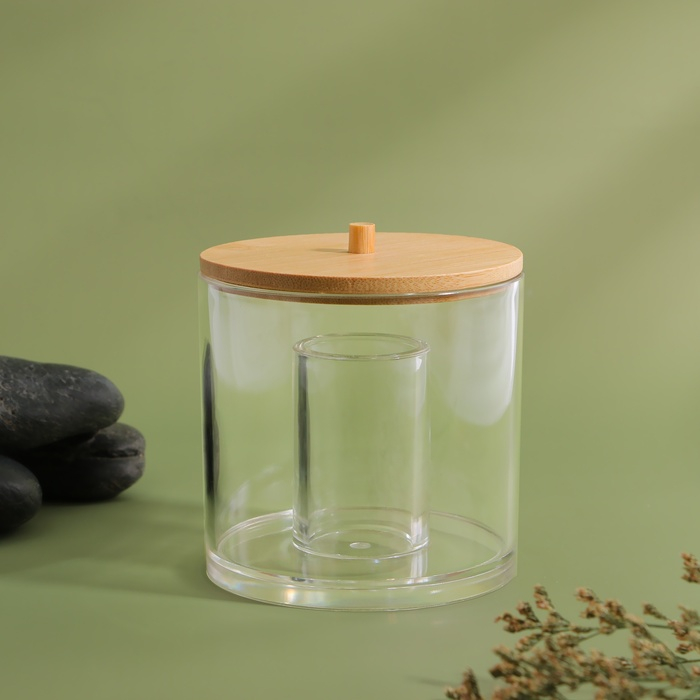 Органайзер для хранения ватных палочек «BAMBOO», с крышкой, d = 9,5 × 9,7 см, в картонной коробке, цвет прозрачный/коричневый