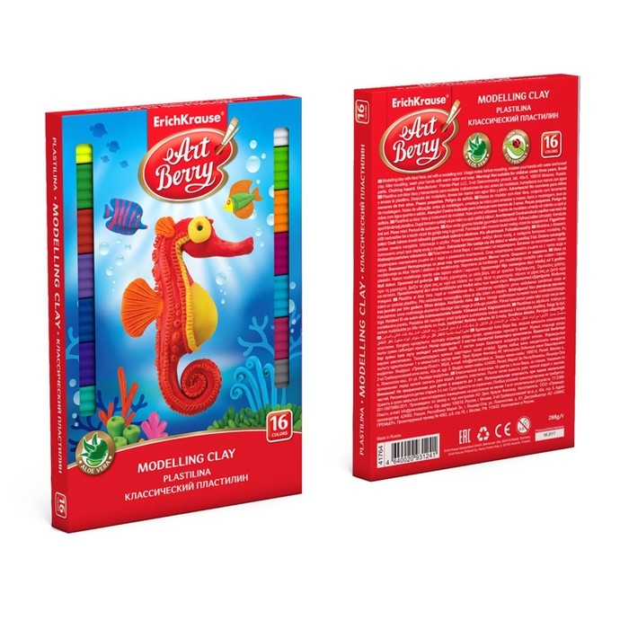 Пластилин 16 цветов, 288 г, ErichKrause, с алоэ вера, со стеком, индивидуальная упаковка брусков, в картонной упаковке Пластилин 16 цветов, 288 г, ErichKrause, с алоэ вера, со стеком, индивидуальная упаковка брусков, в картонной упаковке