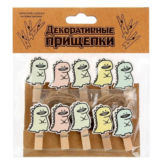 Прищепки декоративные с верёвкой для подвеса «Дракоши» набор 10 шт., 1,5 × 12 × 14 см