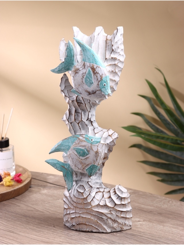 Скульптура "Экзотические рыбы" дерево Албезия, 15х8х40 см, цв. бирюзовый