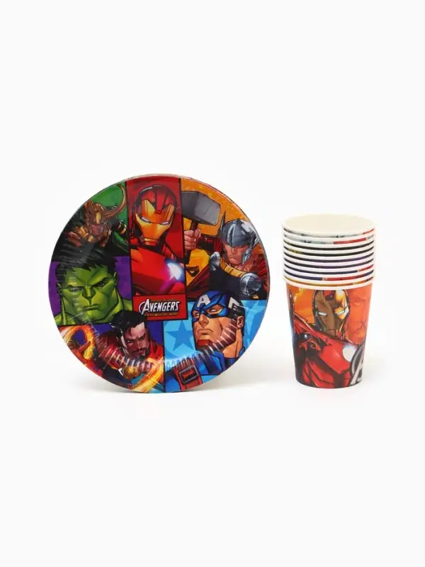 Набор бумажной посуды 10 персон: стакан, тарелка, скатерть, Мстители