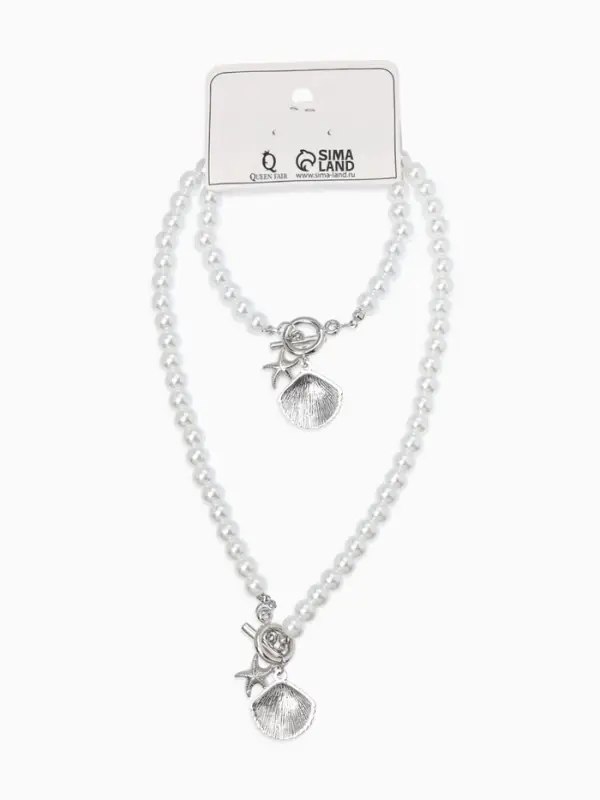 Набор 2 предмета: бусы. браслет &laquo;Жемчуг. Ракушка вонголе&raquo;, L=18/42 см, №8, белый в серебре