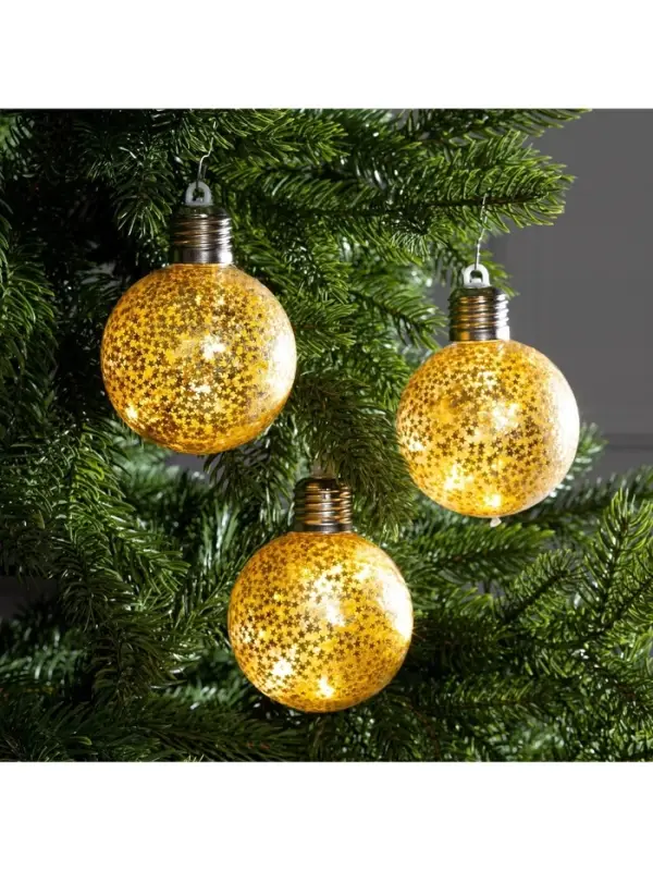 Набор ёлочных шаров &laquo;Звёздочки золотистые&raquo;, 3 шт., d=8 см, от батареек, свечение тёплое белое