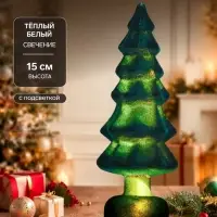 Светодиодная фигура &laquo;Ёлочка бархатная зеленая&raquo;, 1 LED, 15&times;6 см, от батареек 3xAG13, свечение тёплое белое