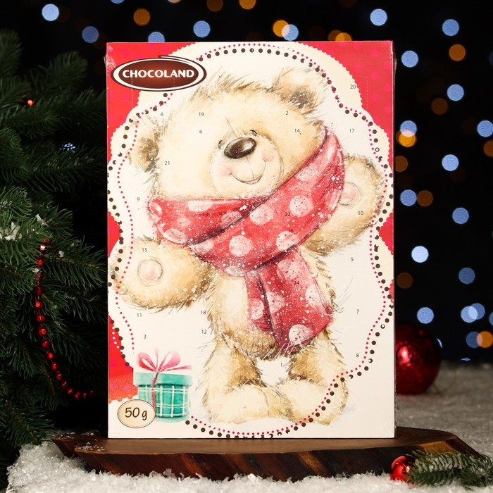 Адвент календарь с мини плитками из молочного шоколада Адвент календарь с мини плитками из молочного шоколада "Мишка" ассорти, 50 г, Новый год