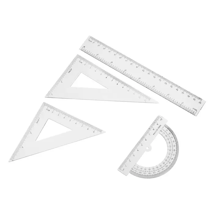Набор чертёжный, прозрачный, 4 предмета (линейка 20 см, угольник 14 см/ 30°, угольник 10 см/ 45°, транспортир) Набор чертёжный, прозрачный, 4 предмета (линейка 20 см, угольник 14 см/ 30°, угольник 10 см/ 45°, транспортир)