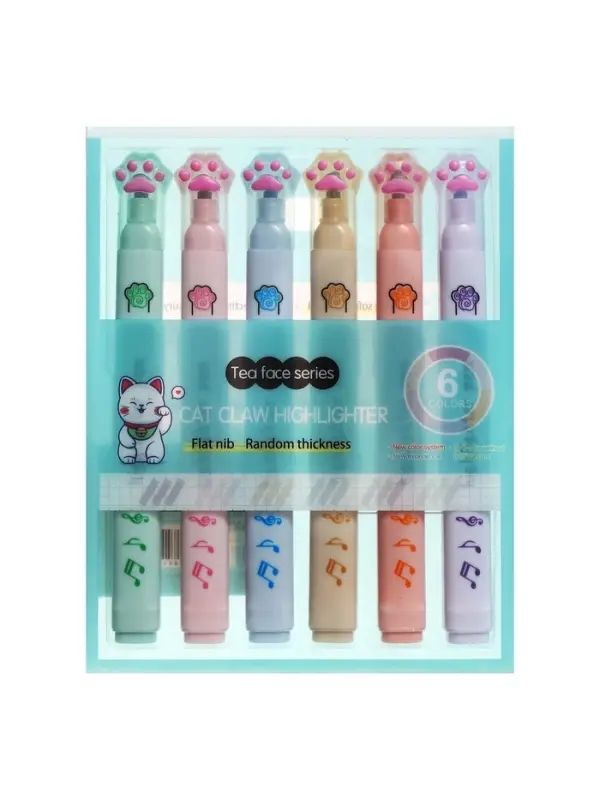 Набор маркеров-текстовыделителей &laquo;Лапки с нотами&raquo;, 6 цветов, скошенный наконечник, узел 5 мм