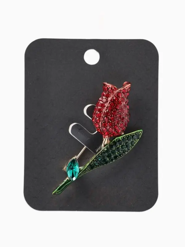 Брошь &laquo;Цветок&raquo; тюльпан, стразы, цвет красно-зелёный в золоте