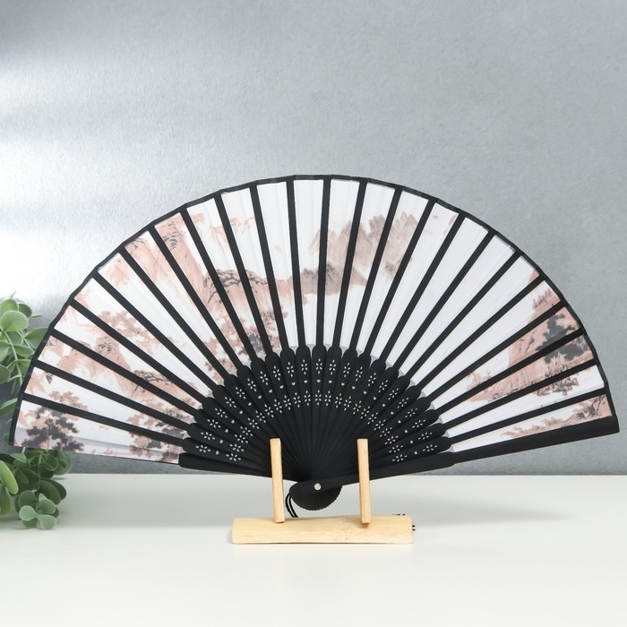 Веер бамбук, текстиль h=21 см  Веер бамбук, текстиль h=21 см "Туманные горы" белый, с кисточкой