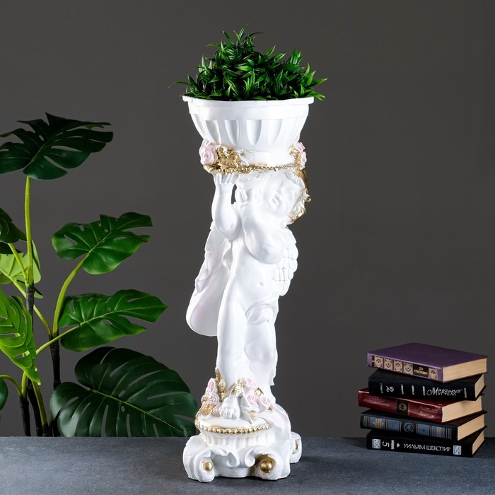 Фигурное кашпо  Фигурное кашпо "Ангел с розами", бело-золотой, 1,8 л/ 24х27х70см