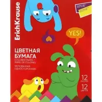 Бумага цветная А4 ErichKrause Jolly Friends, 12 листов, 12 цветов, односторонняя, флюоресцентная, мелованная, в папке