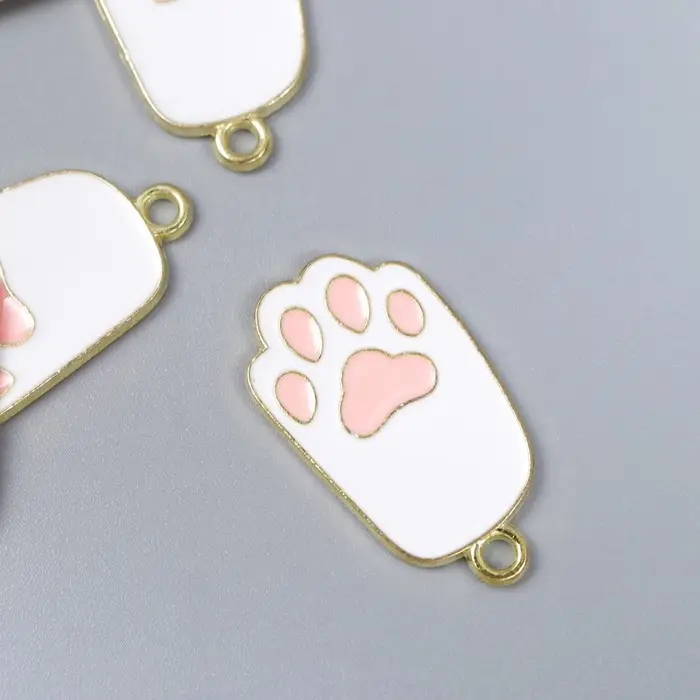 Декор для творчества металл, эмаль "Лапка котика" бело-розовый 2,7х1,5 см