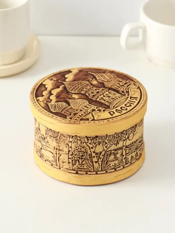 Шкатулка для украшений &laquo;Россия&raquo;, круглая, 12&times;7 см, береста