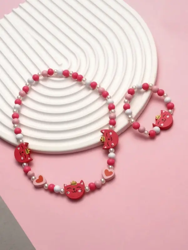 Набор детских украшений &laquo;Выбражулька. Кошечка в короне&raquo;, 2 предмета: бусы, браслет, красный, розовый