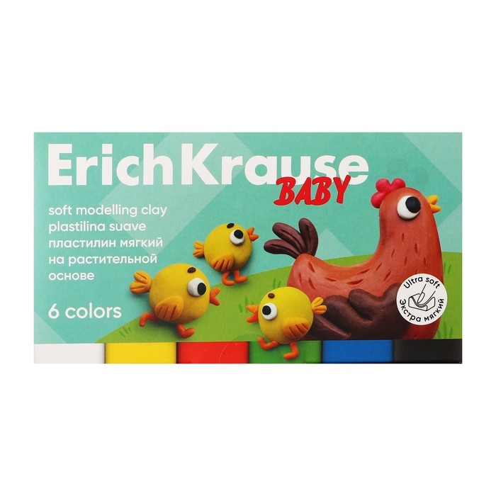 Пластилин мягкий 6 цветов, 120 г, ErichKrause  Пластилин мягкий 6 цветов, 120 г, ErichKrause "Baby", со стеком, на растительно основе, с Алоэ Вера , европодвес
