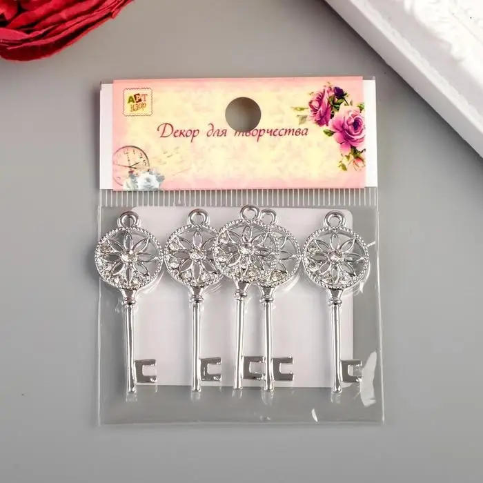 Декор для творчества металл, стразы "Ключ с цветочком" серебро 4х1,5 см