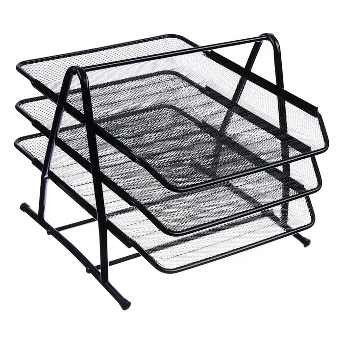 Лоток для бумаг горизонтальный, металлическая сетка, 3 отделения, чёрный