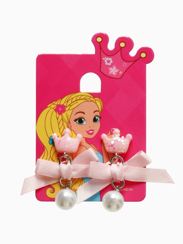 Серьги-клипсы детские  Серьги-клипсы детские "Выбражулька" корона с бантом и жемчужиной, цвет розово-белый