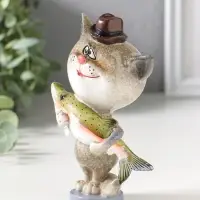 Фигурка полистоун лак &laquo;Котик-рыбак с уловом&raquo;, 9.2&times;6.3&times;14 см