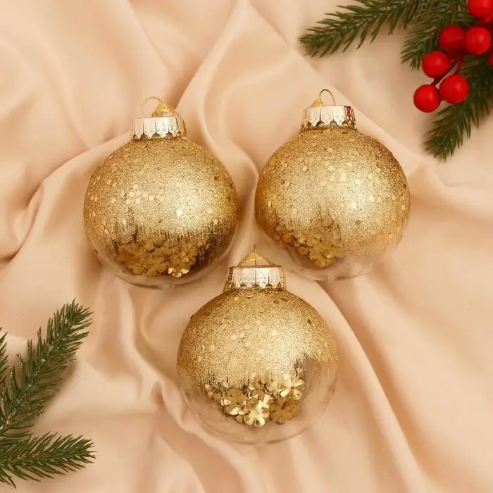 Ёлочные игрушки «Праздничный блеск», шары новогодние, d=8 см, 3 шт., золотистый Ёлочные игрушки «Праздничный блеск», шары новогодние, d=8 см, 3 шт., золотистый