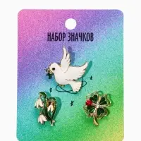 Броши "Голубь, клевер, подснежник" (набор 3шт), цветной в золоте Броши "Голубь, клевер, подснежник" (набор 3шт), цветной в золоте