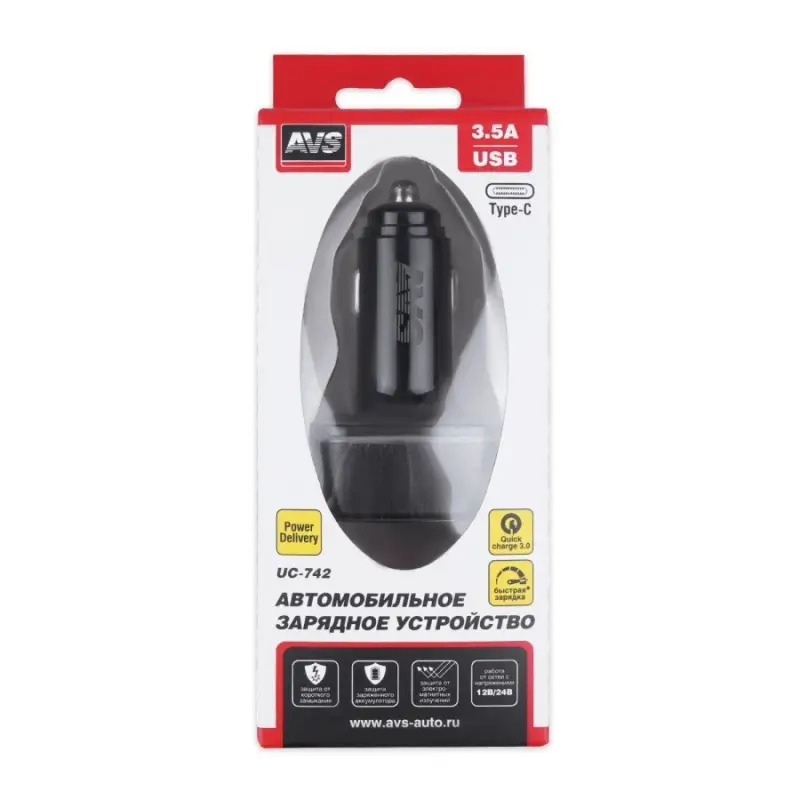 USB автомобильное зарядное устройство AVS 3 порта UC-742 (USB QC 3.0 + PD Type C )
