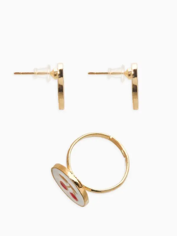 Набор детский "Выбражулька" 3 пред-а: кулон, кольцо, серьги, вишня, бело-красный в золоте