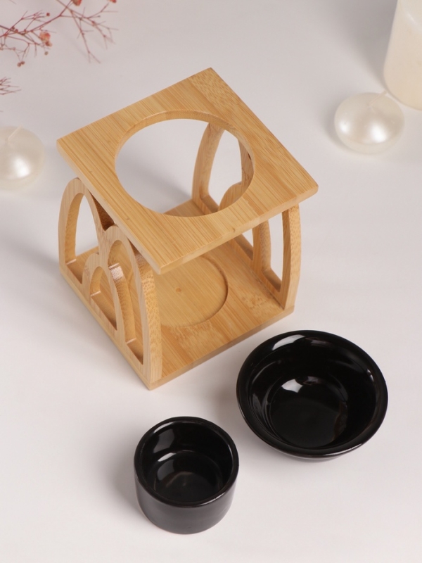 Аромалампа бамбук, керамика с подставкой под свечу Аромалампа бамбук, керамика с подставкой под свечу "Узоры" чёрная 9,5х9,5х13,5 см