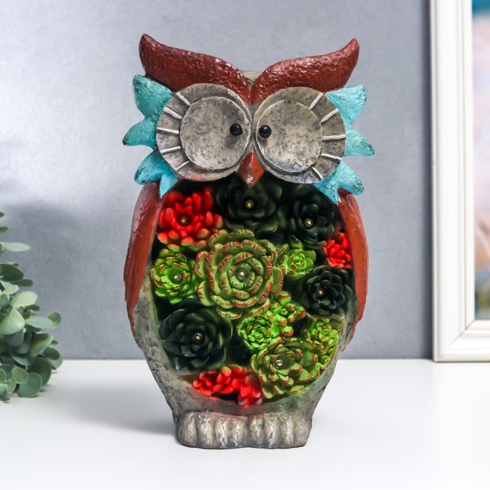 Сувенир полистоун свет Сувенир полистоун свет "Филин с суккулентами" от солнечной батареи 26,5х15,5 см