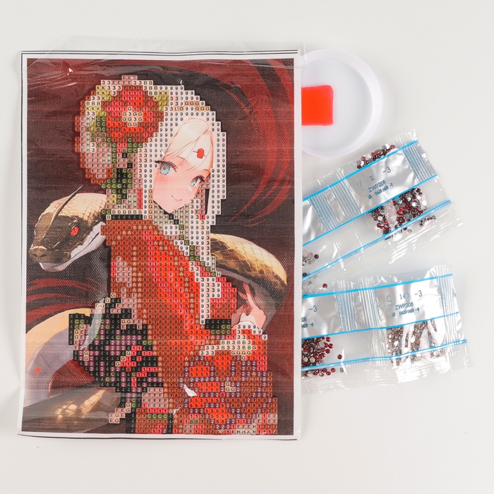 Алмазная мозаика на новый год с частичным заполнением на холсте «Змея и девушка аниме», 15 х 21 см, новогодний набор для творчества, символ года 2025