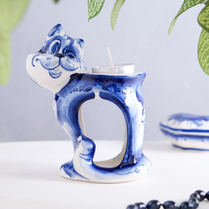 Подсвечник-аромалампа «Хитрый кот», микс, гжель Подсвечник-аромалампа «Хитрый кот», микс, гжель