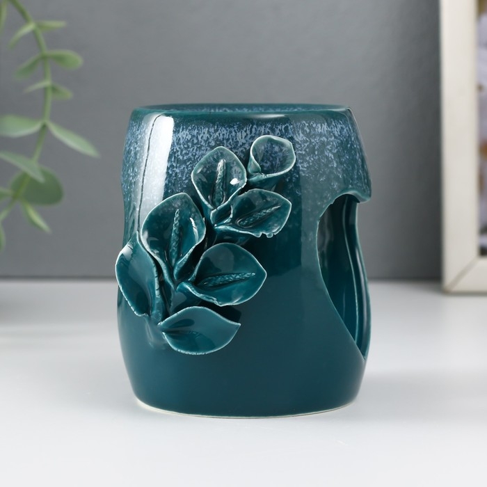 Аромалампа керамика  Аромалампа керамика "Сердце с листиками" бело-синяя 8,5х7,5х9 см