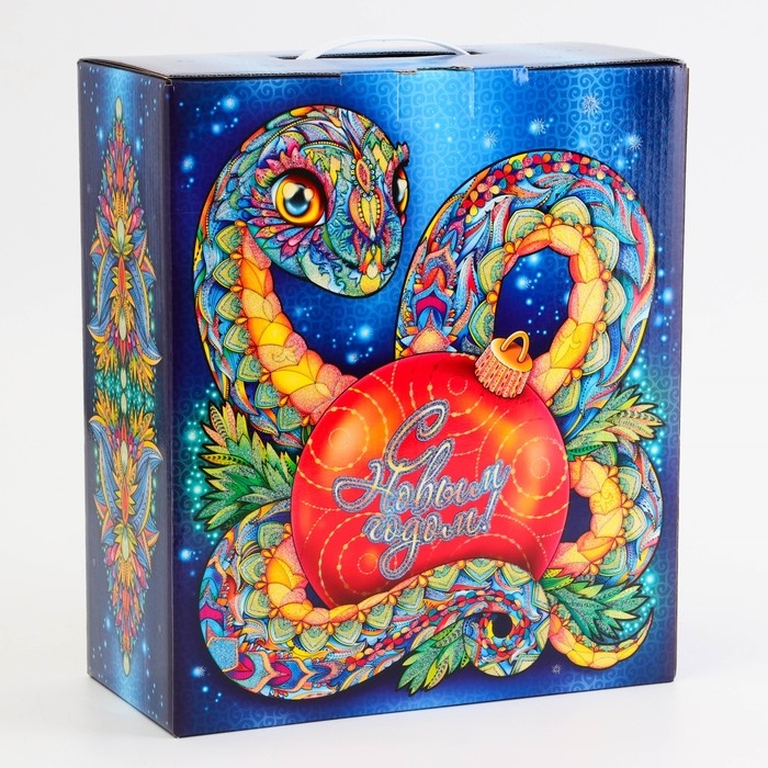 Новый год. Подарочная коробка, Новогодняя с пластиковой ручкой "Восточная змея"28,5*14*33 см.