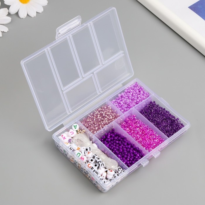 Бисер стекло 8/0 в шкатулке  Бисер стекло 8/0 в шкатулке "Фиолетовый" бусины + нить 0,8 мм 5 м 12х8,4х2,2 см