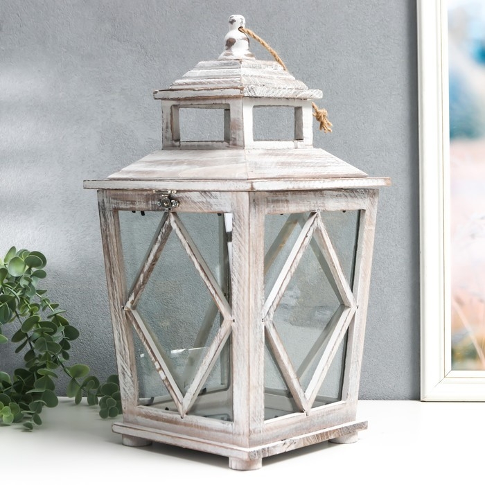 Подсвечник дерево на 1 свечу Подсвечник дерево на 1 свечу "Ромб на фонарике" коричневый состаренный 40х20х17 см