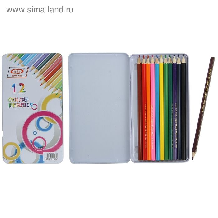 Карандаши цветные, в металлическом пенале, 12 цветов, заточенные Карандаши цветные, в металлическом пенале, 12 цветов, заточенные