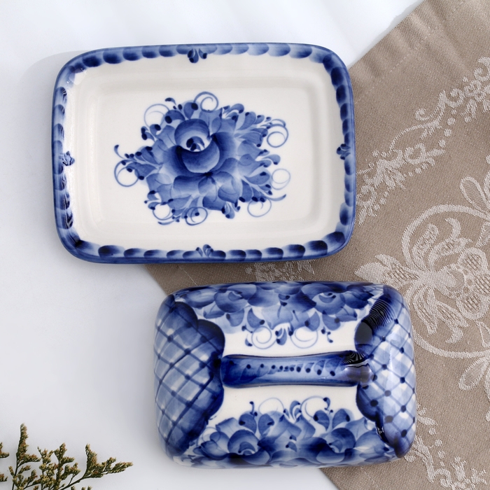 Маслёнка Маслёнка "Цветы", прямоугольная, 8 х 17 см, гжель