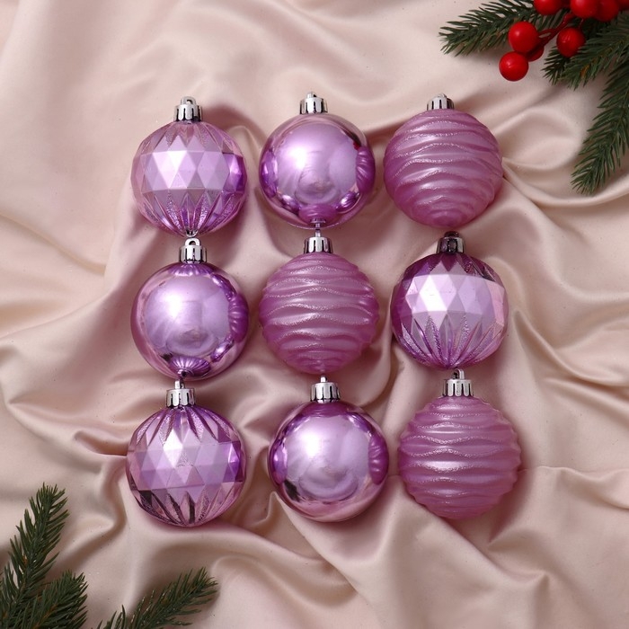 Набор шаров пластик d-6 см, 9 шт Набор шаров пластик d-6 см, 9 шт "Осеан полоски" сиреневый