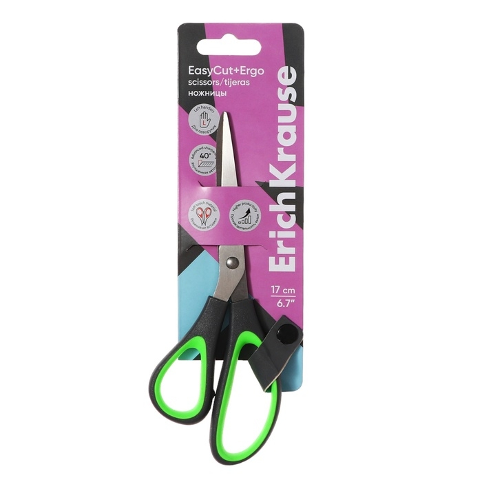 Ножницы ErichKrause EasyCut+ Ergo, 17 см, для левшей, эргономичные ручки, европодвес, МИКС Ножницы ErichKrause EasyCut+ Ergo, 17 см, для левшей, эргономичные ручки, европодвес, МИКС