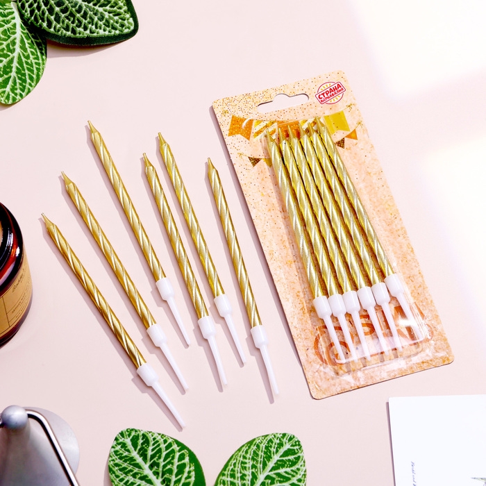 Свечи в торт  Свечи в торт "Металлик" , 14 см, 6шт с подставкой, золотистые