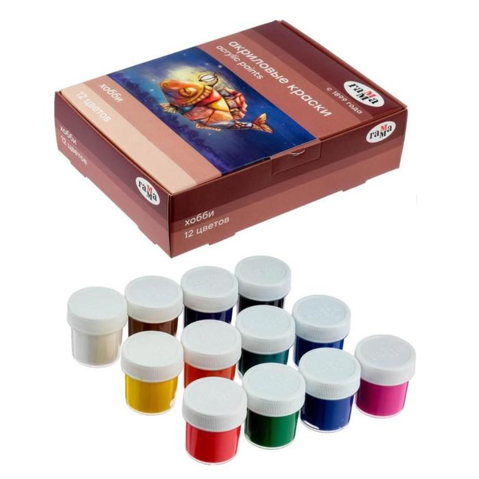 Краска акриловая, набор 12 цветов х 20 мл, Гамма  Краска акриловая, набор 12 цветов х 20 мл, Гамма "Хобби", морозостойкая, глянцевая, 3012198
