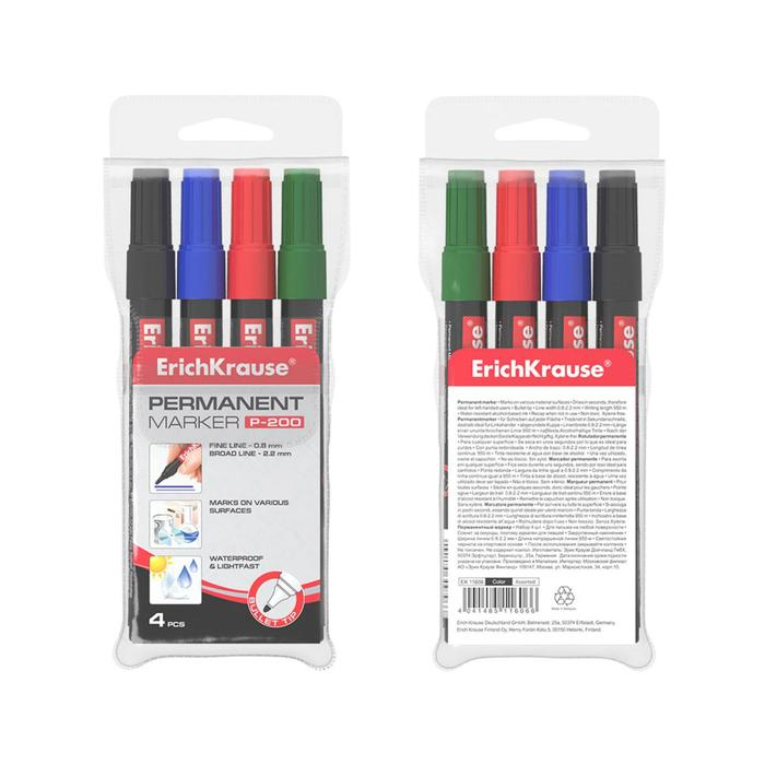 Набор маркеров перманентных 4 цвета, 0.8-2.2 мм, ErichKrause P-200, чернила на спиртовой основе, микс Набор маркеров перманентных 4 цвета, 0.8-2.2 мм, ErichKrause P-200, чернила на спиртовой основе, микс