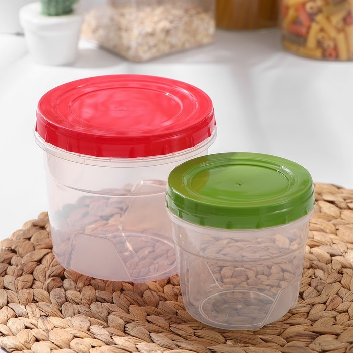 Набор контейнеров круглых с закручивающимися крышками, 2 шт: 500 мл, 1 л, прозрачные, крышки МИКС Набор контейнеров круглых с закручивающимися крышками, 2 шт: 500 мл, 1 л, прозрачные, крышки МИКС