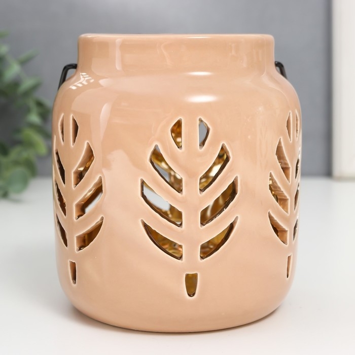 Подсвечник керамика на 1 свечу Подсвечник керамика на 1 свечу "Фонарь. Листья" внутри золото МИКС 11,5х9,5х9,5 см
