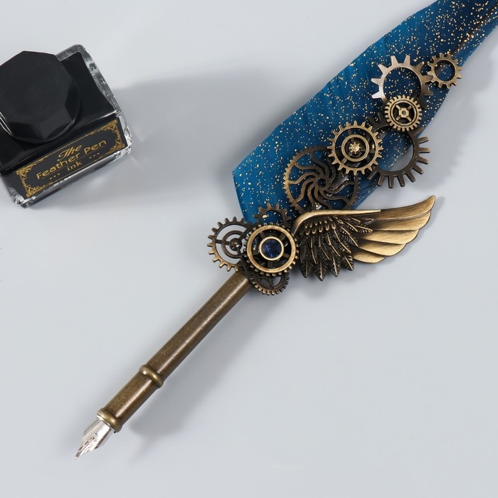 Набор ручка перьевая со сменными перьями+подставка+чернила   Набор ручка перьевая со сменными перьями+подставка+чернила  "Механизмы" 26х12х4 см