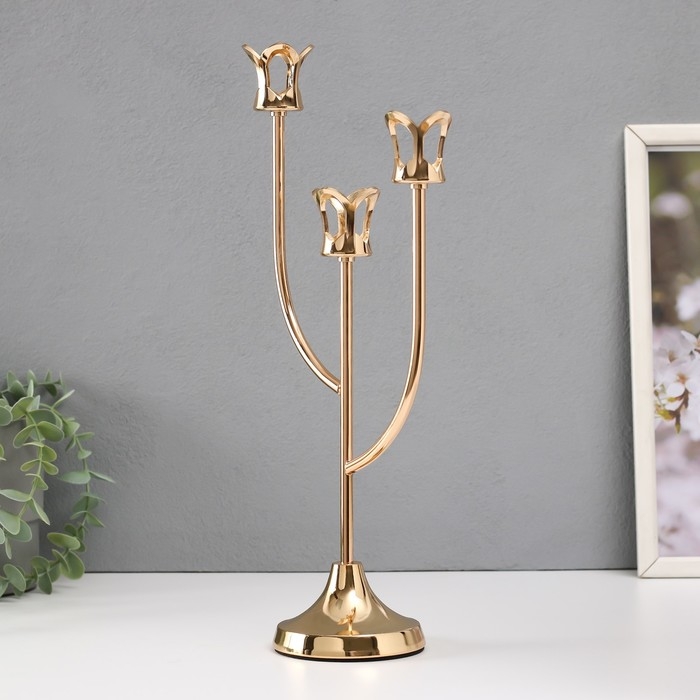 Подсвечник металл на 3 свечи Подсвечник металл на 3 свечи "Цветник" d=2 см золото 16х9х36 см