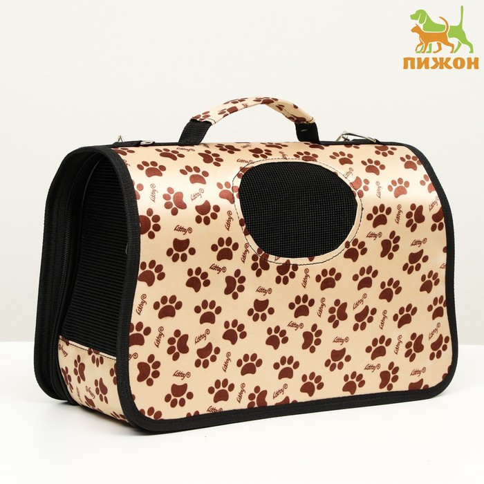Сумка - переноска для животных  Сумка - переноска для животных "Лапки Happy", бежевая, размер М, 40 х 21 х 27 см