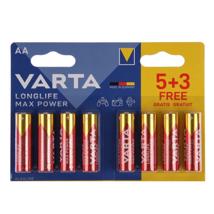 Батарейка алкалиновая Varta LongLife Max Power, AA, LR6-8BL, 1.5В, блистер, 8 шт. Батарейка алкалиновая Varta LongLife Max Power, AA, LR6-8BL, 1.5В, блистер, 8 шт.